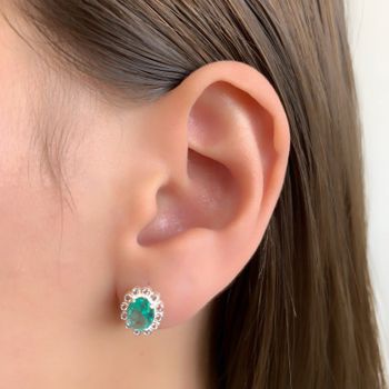 Brinco Prata Legítima 925 Oval Verde Tumalina e Cr... - Roanne Jóias