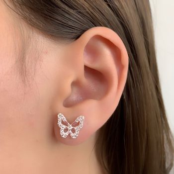 Brinco Prata Legitima 925 Borboleta Vazada com Zir... - Roanne Jóias