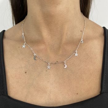 Choker Pingentes Lua e Estrela Lisa 2,7gr Prata 92... - Roanne Jóias
