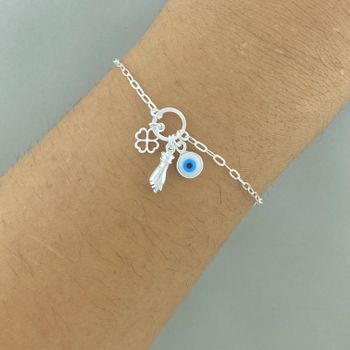 Pulseira Patua Figa/Trevo/Olho Grego 1,6gr Prata 9... - Roanne Jóias