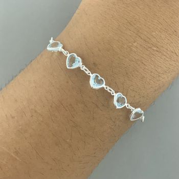 Pulseira 5 Corações Zirconia Agua Marinha 1,9gr Pr... - Roanne Jóias