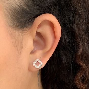 Brinco Prata Legitima 925 Trevo Vazado com Zirconi... - Roanne Jóias