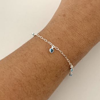 Pulseira Com Pingentes Coraçao Azul Claro Prata 92... - Roanne Jóias