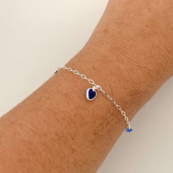 Pulseira Com Pingentes Coraçao Azul Escuro Prata 9... - Roanne Jóias