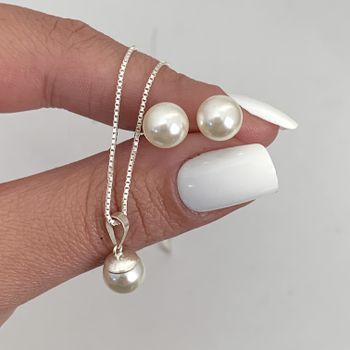 Conjunto Brinco e Colar Perola 8mm Prata 925 - 101... - Roanne Jóias