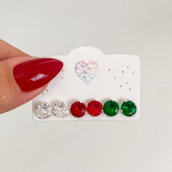 Trio Brincos Prata Legitima 925 Solitário 7mm Cris... - Roanne Jóias