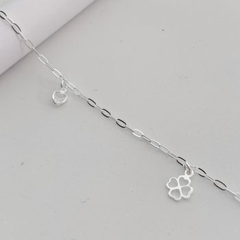 Tornozeleira Prata Legitima 925 Trevo + Coração Zi... - Roanne Jóias