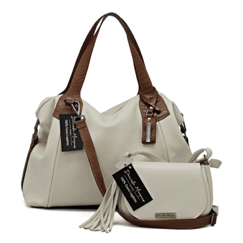 Kit bolsa grande off white com alça caramelo e mini off white couro legítimo ref:DM-01A - Daniella Marques | Bolsas Femininas em Couro