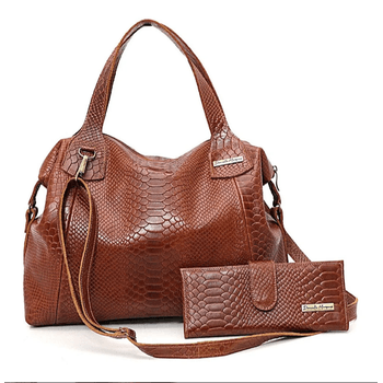 Kit bolsa grande e carteira couro legitimo croco caramelo ref:DM-01BCR - Daniella Marques | Bolsas Femininas em Couro