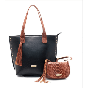 Kit bolsa grande couro preta com alça caramelo + mini croco caramelo ref:DM-03A - Daniella Marques | Bolsas Femininas em Couro