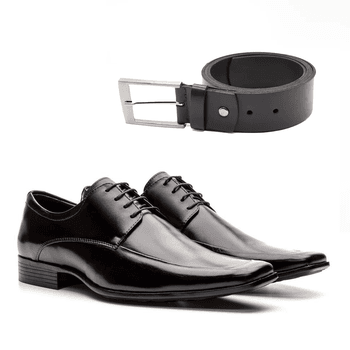 Kit Sapato Social Masculino de Amarrar em Couro Preto + Cinto - Franca Sapatos | Sapatos em Couro Direto da Fábrica