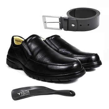 Kit Sapato Casual Conforto Couro Floater Preto + Cinto + Calcadeira - Franca Sapatos | Sapatos em Couro Direto da Fábrica