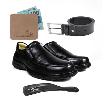 Kit Sapato Casual Conforto Couro Floater Preto + Cinto + Calcadeira + Porta Cédukas - Franca Sapatos | Sapatos em Couro Direto da Fábrica
