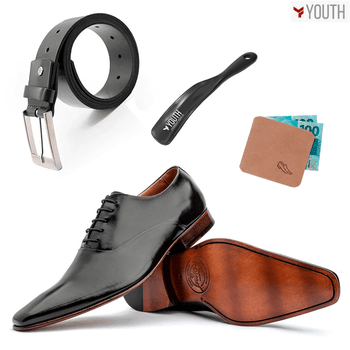 Kit Masculino Oxford + Cinto Couro Preto + Porta Cédulas + Calçadeira