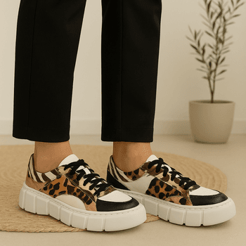 Tênis Casual Couro Premium Fly Branco Preto Pelo Onça/ Zebra 2001 - PDK FOOTWEAR