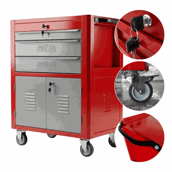 Carrinho Para Ferramentas Fechado Com 3 Gavetas Vermelho (C06) - Fercar - Ritec Máquinas e Ferramentas