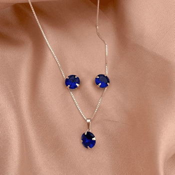 Conjunto Solitário Zircônia Azul Prata 925 - 10707... - Roanne Jóias