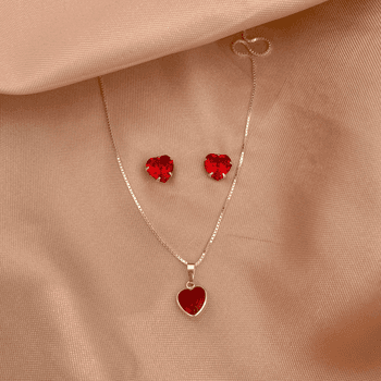 Conjunto Zircônia Coração Vermelho Prata 925 - 107... - Roanne Jóias