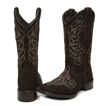 Bota Feminina Texana Cano Longo Couro Nobuck Café Bordado á Laser - Xucrão Boots | Botas e Botinas Country Premium