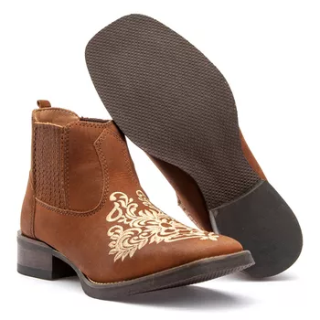  Texana Feminina Bico Quadrado Cano Curto em Couro Abufalado Nobuck Tamarindo Bordado - Xucrão Boots | Botas e Botinas Country Premium