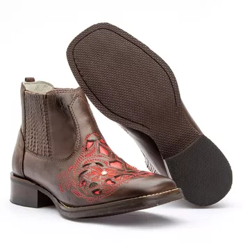  Texana Feminina Bico Quadrado Cano Curto em Couro Látego Café bordada + Laser e Strass - Xucrão Boots | Botas e Botinas Country Premium
