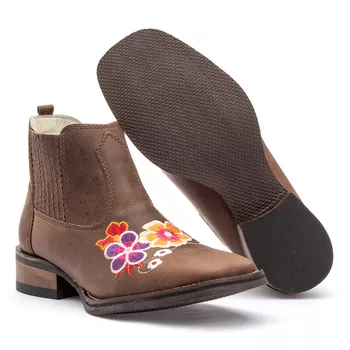  Texana Feminina Bico Quadrado Cano Curto em Couro Rústico Fosco Tabaco Bordado Flores - Xucrão Boots | Botas e Botinas Country Premium