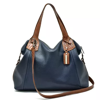 Bolsa Grande Couro Legitimo Azul Marinho com alças croco Caramelo - Daniella Marques | Bolsas Femininas em Couro