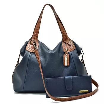 Kit Bolsa Grande Azul Marinho com alças croco caramelo e Carteira azul marinho - Daniella Marques | Bolsas Femininas em Couro