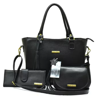 Kit bolsa couro +mini+carteira preta ref:DM-05C - Daniella Marques | Bolsas Femininas em Couro