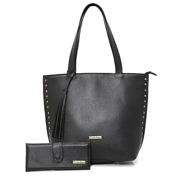 Kit bolsa grande couro legitimo + carteira preta ref:DM-03B - Daniella Marques | Bolsas Femininas em Couro