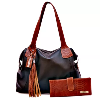 kit bolsa grande ombro preta com alça caramelo e carteira croco caramelo ref:DM-14B - Daniella Marques | Bolsas Femininas em Couro