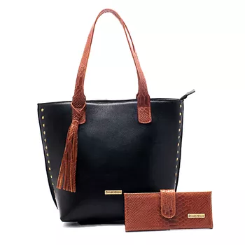  Kit Bolsa Grande Couro Legitimo preta com alças caramelo E CARTEIRA croco caramelo ref: DM- 03B - Daniella Marques | Bolsas Femininas em Couro