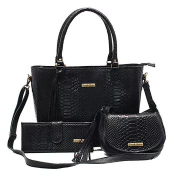 Kit bolsa couro croco +mini+carteira preta ref:DM-05CRC - Daniella Marques | Bolsas Femininas em Couro