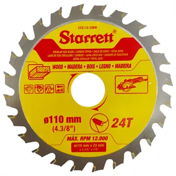 Lâmina de Serra Circular Para Madeira 110mm x 24D (CCS110-24BW) - Starrett - Ritec Máquinas e Ferramentas