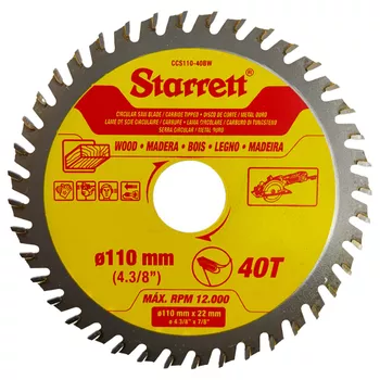 Lâmina de Serra Circular MD Para Madeira 110mm x 40D (CCS110-40BW) - Starrett - Ritec Máquinas e Ferramentas