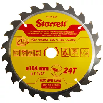 Lâmina de Serra Circular MD Para Madeira 184mm x 24D (CCS184-24AW) - Starrett - Ritec Máquinas e Ferramentas