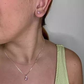 Conjunto Solitário Zircônia Rosa Prata 925 - 10706... - Roanne Jóias