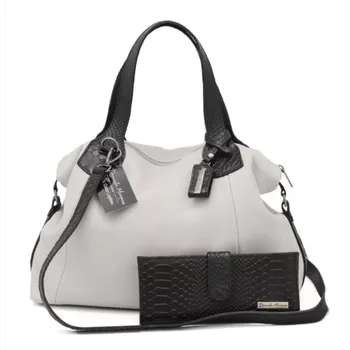 Kit bolsa grande +carteira couro legítimo off white com alças preta ref: DM-01B - Daniella Marques | Bolsas Femininas em Couro