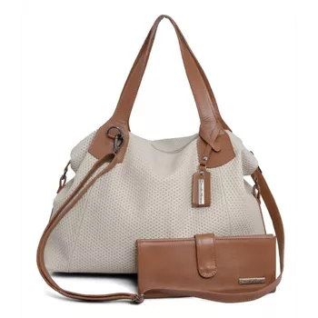 Kit bolsa grande trisse e carteira couro legítimo off white com alça caramelo REF:DM-01BTRISSE - Daniella Marques | Bolsas Femininas em Couro