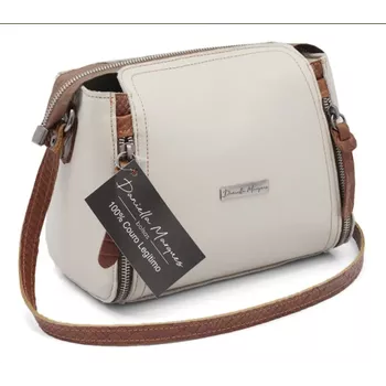 Bolsa pequena couro legítimo Off White com alça caramelo ref:DM-07 - Daniella Marques | Bolsas Femininas em Couro