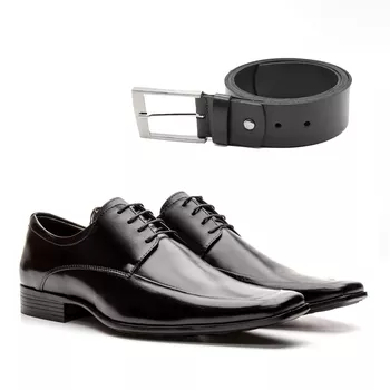 Kit Sapato Social Masculino de Amarrar em Couro Preto + Cinto - FrancaSapatos | Sapatos em Couro Direto da Fábrica