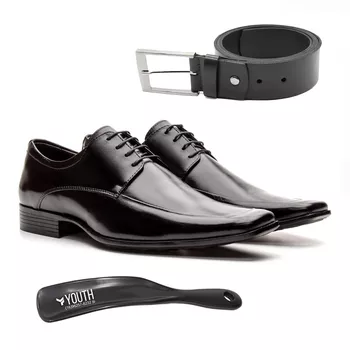 Kit Sapato Social Masculino de Amarrar em Couro Preto + Cinto + Calçadeira - FrancaSapatos | Sapatos em Couro Direto da Fábrica