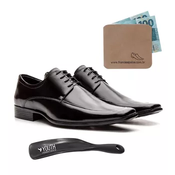 Kit Sapato Social Masculino de Amarrar em Couro Preto + Calçadeira + Porta Cédula Copia - FrancaSapatos | Sapatos em Couro Direto da Fábrica