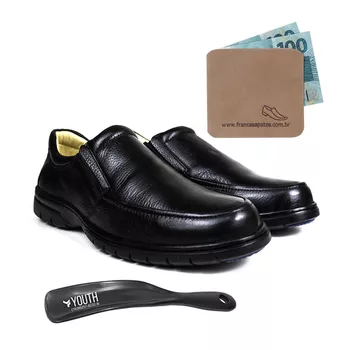 Kit Sapato Casual Conforto Couro Floater Preto + Calcadeira + Porta Cédulas - FrancaSapatos | Sapatos em Couro Direto da Fábrica