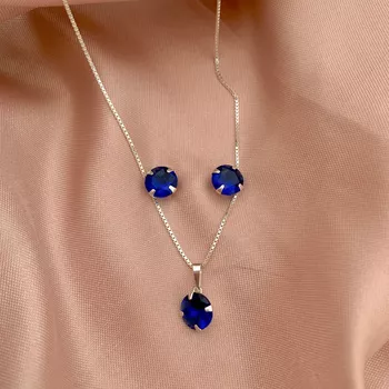 Conjunto Solitário Zircônia Azul Prata 925 - 10707... - Roanne Jóias
