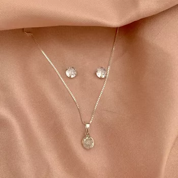 Conjunto Solitario 6mm Zirconia Cristal Prata 925 ... - Roanne Jóias