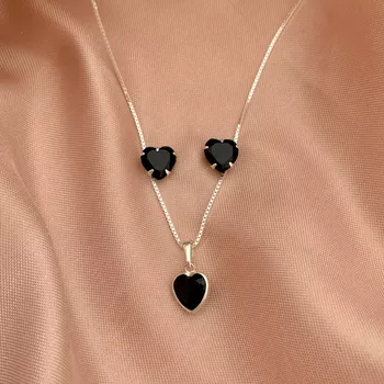 Conjunto Zircônia Coração Preto Prata 925 - 107074... - Roanne Jóias
