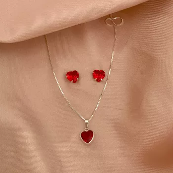 Conjunto Zircônia Coração Vermelho Prata 925 - 107... - Roanne Jóias