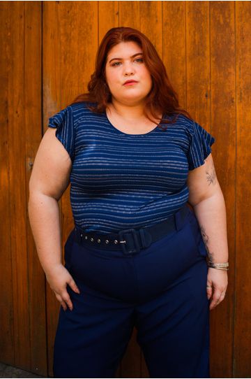 Blusa Manga Babadinho Listrada Azul - Plus Size - DELPHINA