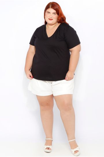 Blusa Algodão PIMA Gola V Preta - Plus Size - DELPHINA